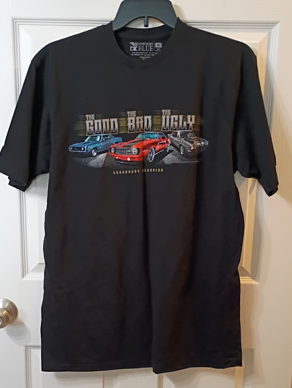 Newport Black Short-Sleeve Tee with Red, Blue & Gray Car Graphic